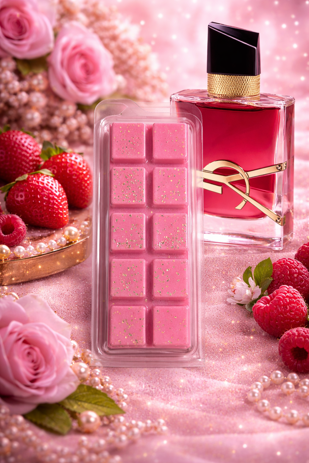 Pink wax melt bar with perfume and roses.