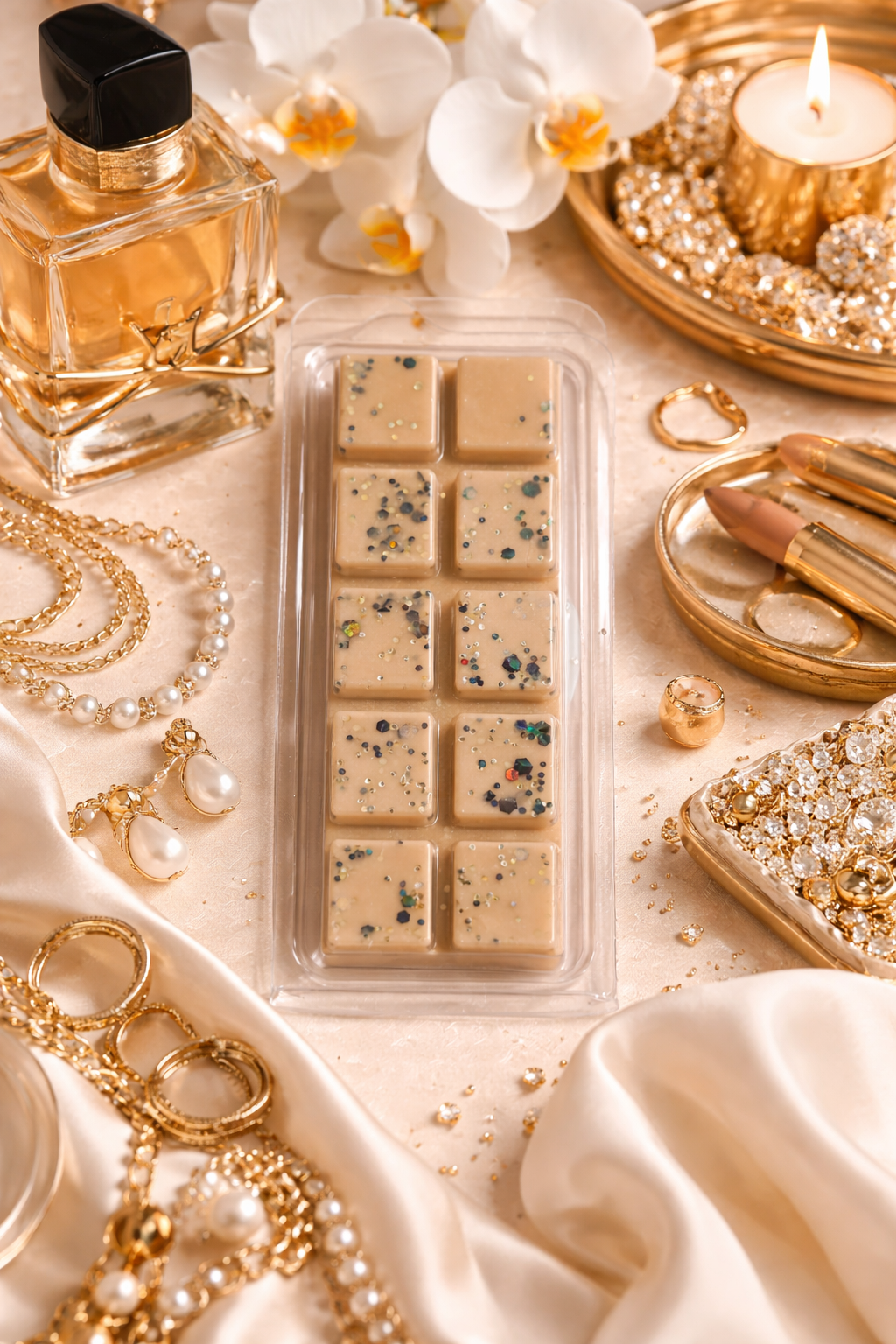 Wax melt bar with a perfume bottle, candles, and jewelry on a decorative surface.