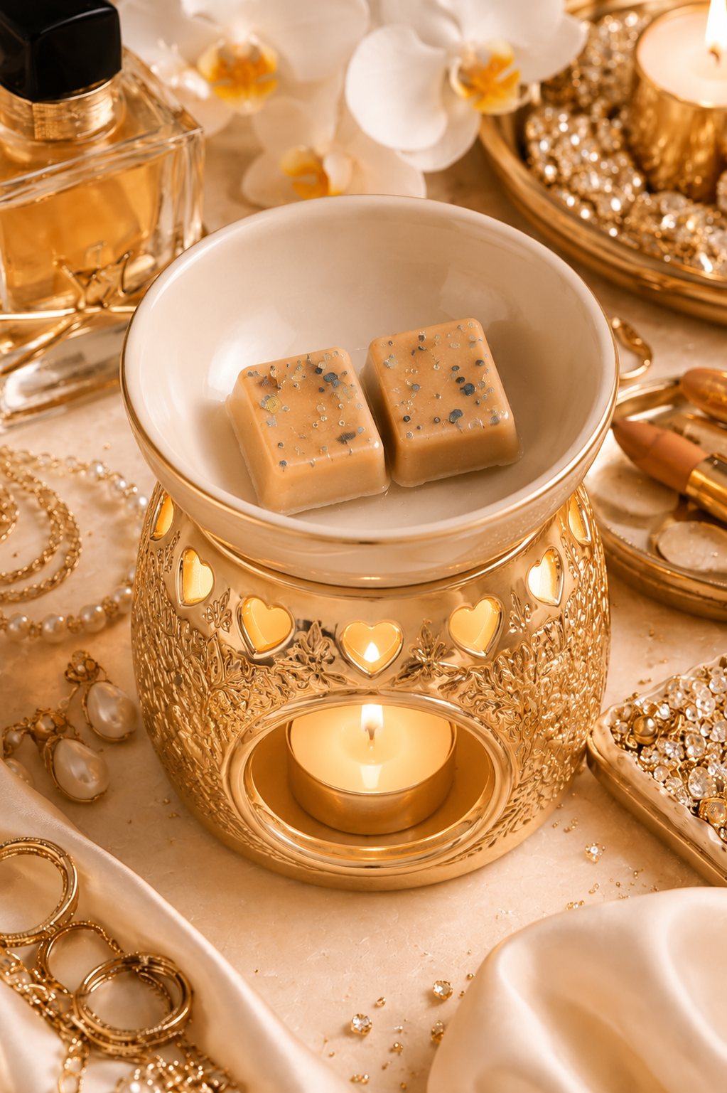 A gold wax warmer with a lit tealight candle inside, holding two wax melts, styled with jewelry, a perfume bottle, white flowers, and a gold tray in a warm spa-like setting.