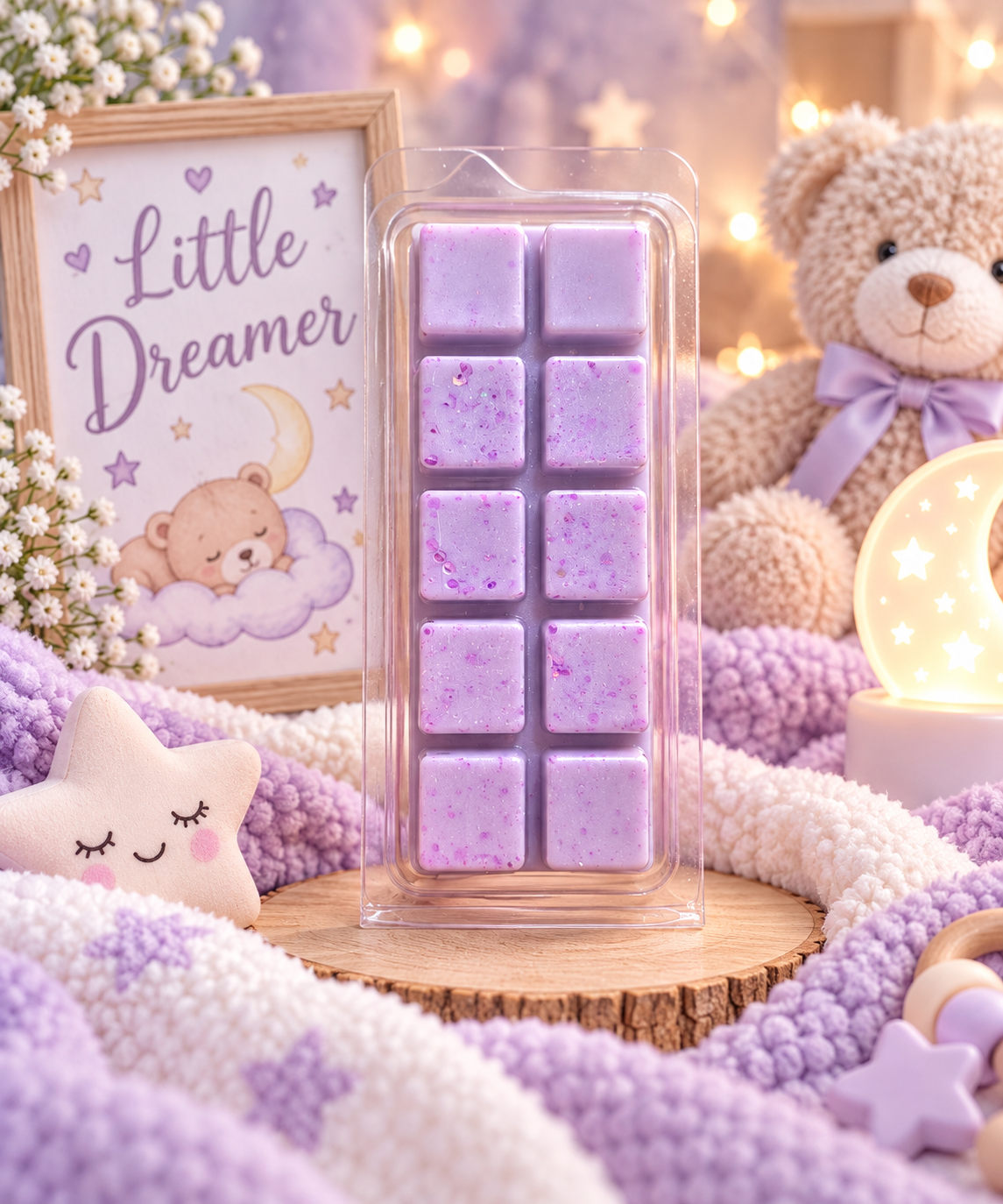 A packaged wax melt bar set displayed on a wooden slice, surrounded by cozy baby-themed props including a teddy bear, a star lamp, and a 'Little Dreamer' sign.