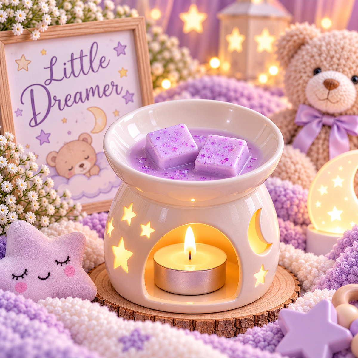 A pastel lavender wax warmer with a lit tealight candle inside, styled in a cozy nursery scene with plush toys, star lanterns, and a framed 'Little Dreamer' sign.