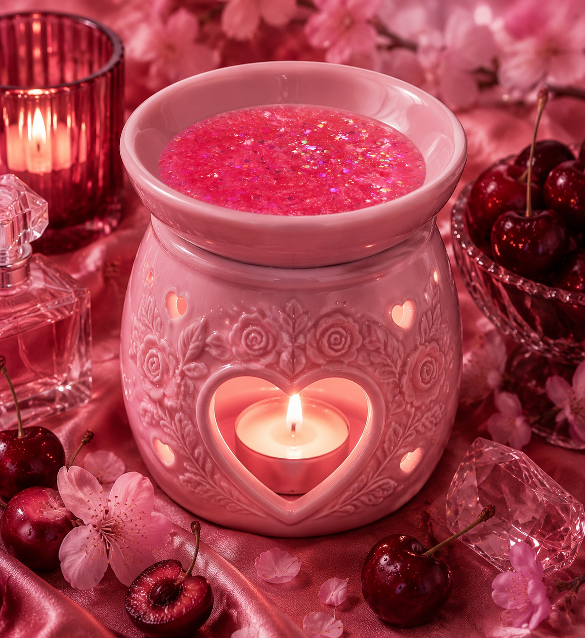 Lost cherry gel wax melt in burner with cherries and blossom background theme.
