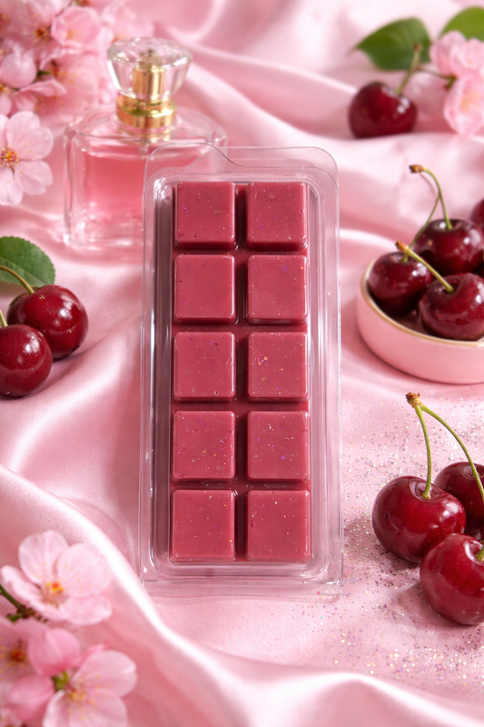 Pink wax melts in a clear packaging with cherries and flowers on a pink fabric background