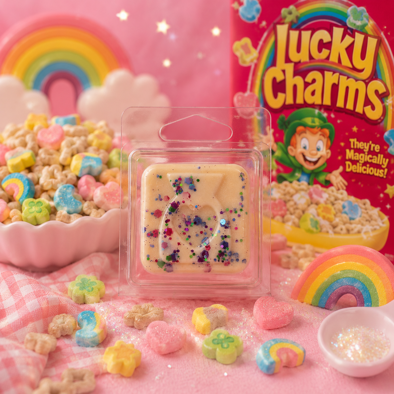 Lucky Charms wax melt sample with marshmallows with a box and candy on a pink background