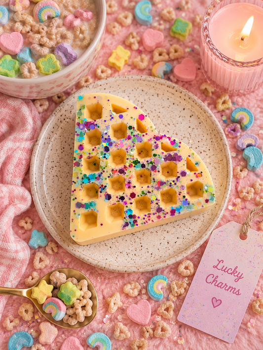A shaped waffle wax melt with colorful sprinkles sits on a speckled beige plate, surrounded by pastel cereal, candy charms, a pink candle, and a tag that reads 'Lucky Charms' on a pink textured surface.