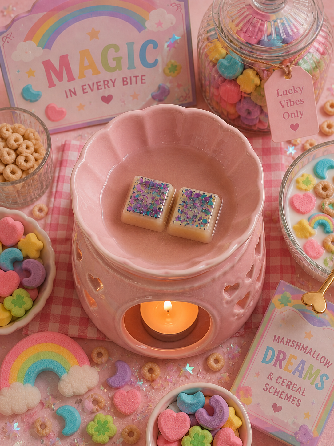 A pink ceramic wax warmer with wax melts, styled with pastel candy-themed props, cereal bowls, and a 'MAGIC IN EVERY BITE' card on a pink gingham tablecloth.