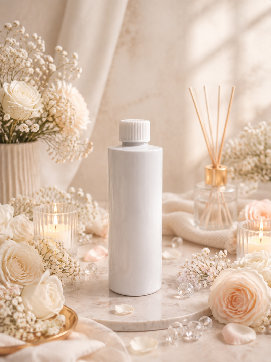 A reed diffuser refill matte white cylindrical bottle with a ribbed screw cap stands centered on a marble surface surrounded by dried flowers, candles, and a reed diffuser in a softly lit spa-style setting.