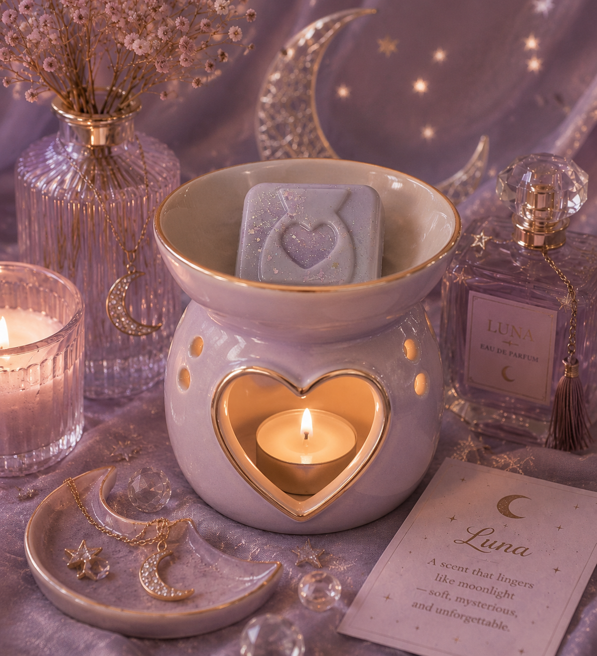 A lavender ceramic wax warmer with gold trim and a heart-shaped cutout, lit with a tealight candle inside. A lavender wax melt with a cat-shaped embossing sits in the bowl.