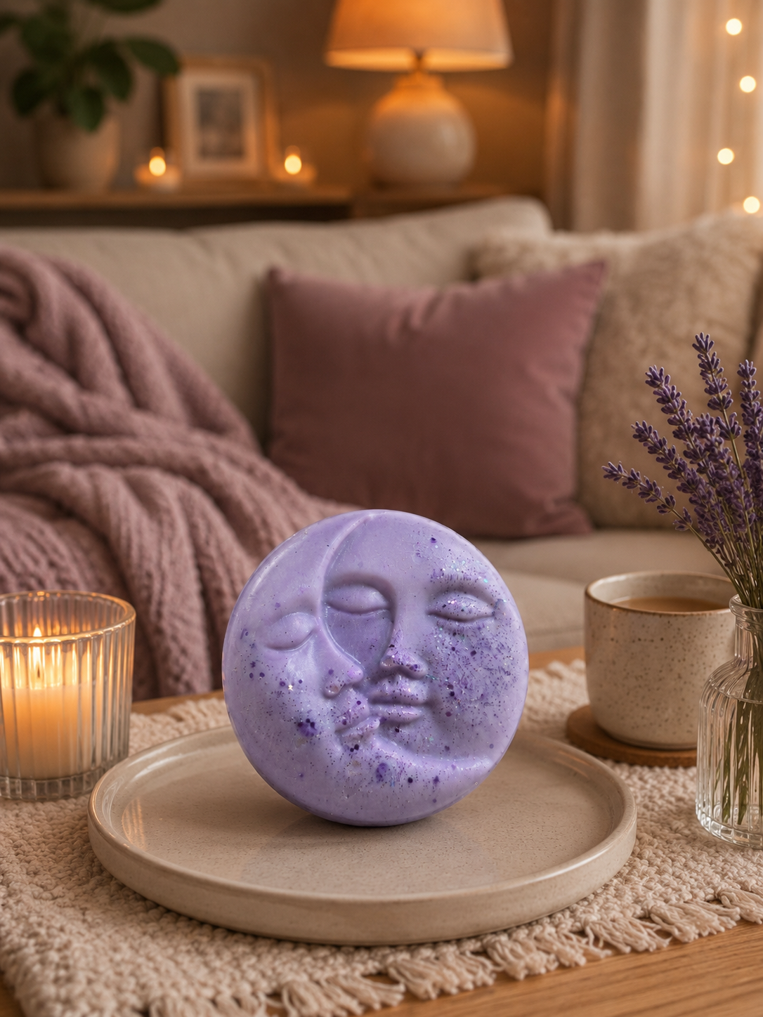 A lavender purple moon and sun face wax melt sits on a beige ceramic tray on a wooden table, styled in a cozy living room setting with a lit candle, mug, and lavender sprigs.