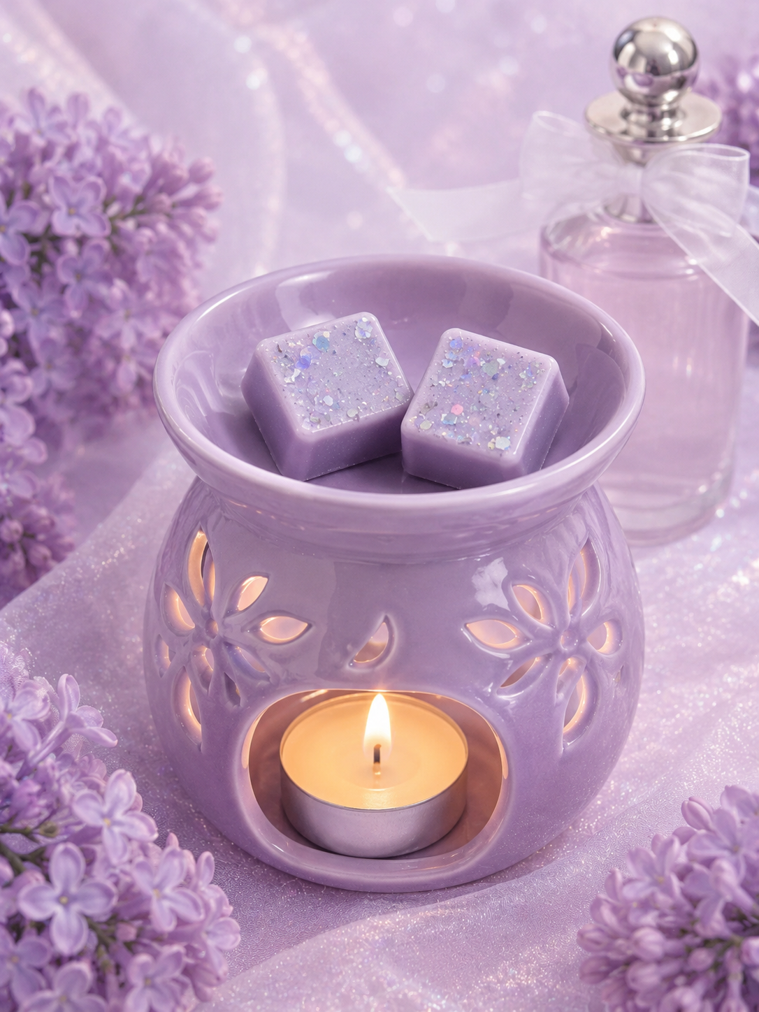 purple wax melts in wax burner with perfume bottle in background.