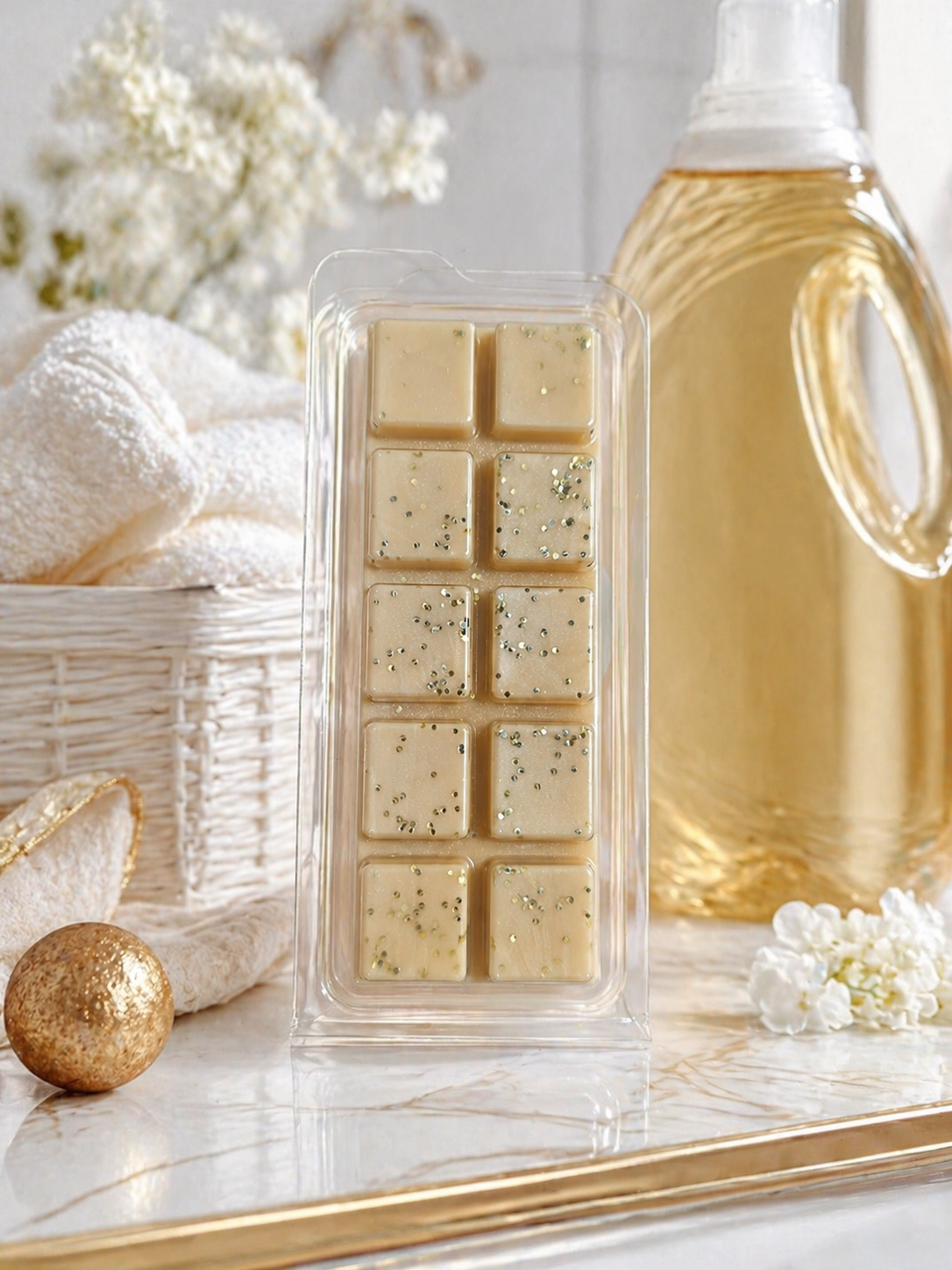 Wax melt bar with a bottle of liquid soap on a marble surface with decorative elements.