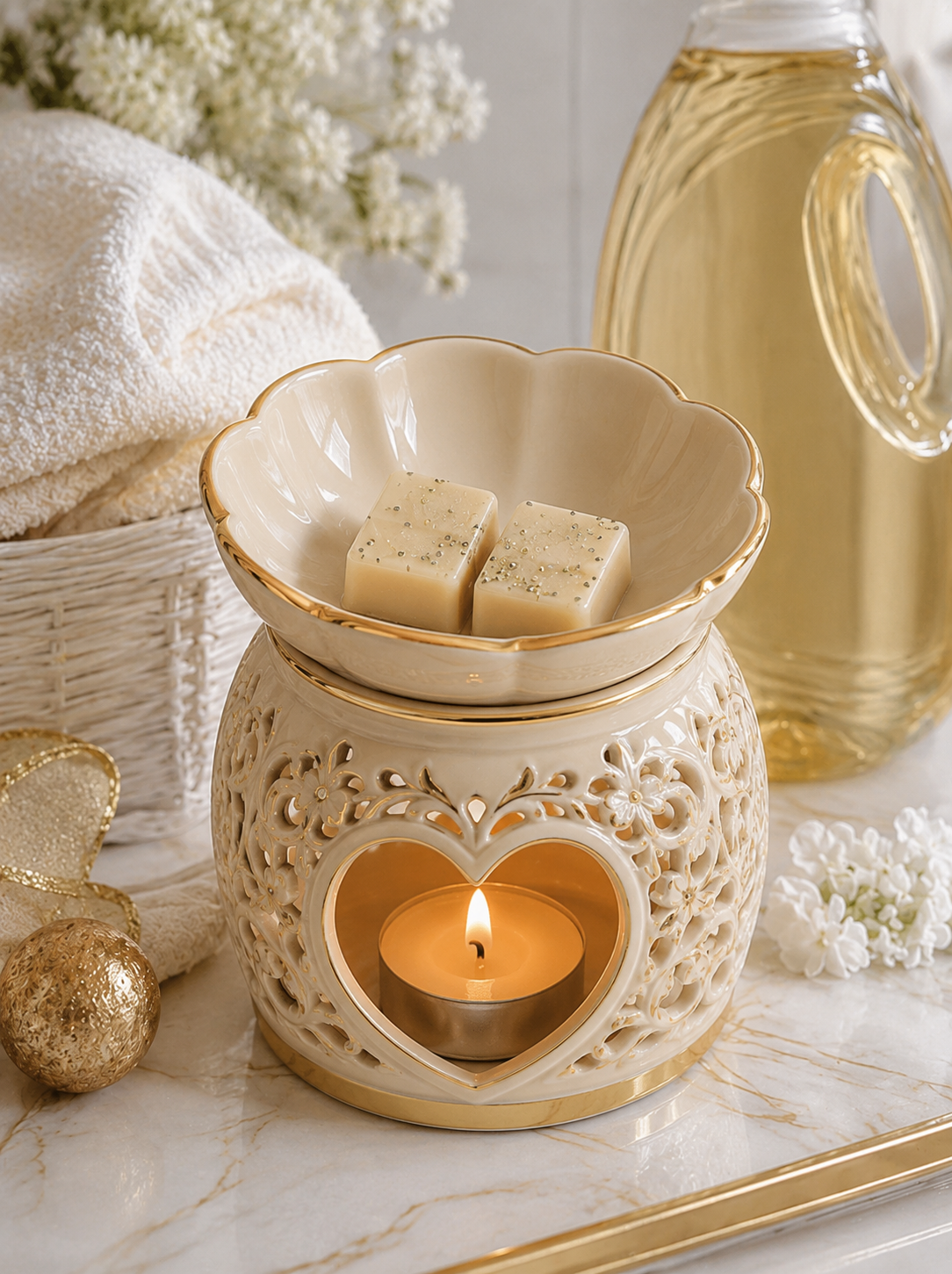 Gold wax melts in burner with laundry theme background. 