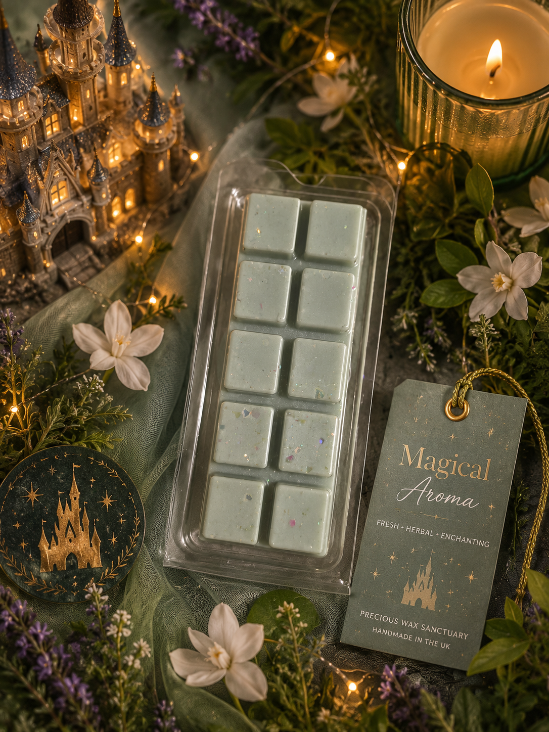 A packaged wax melt or scented melt block set displayed with a branded tag and surrounded by decorative props including a lit candle, flowers, greenery, and a castle ornament. The product itself is a rectangular clear plastic clamshell containing pale mint green wax cubes.