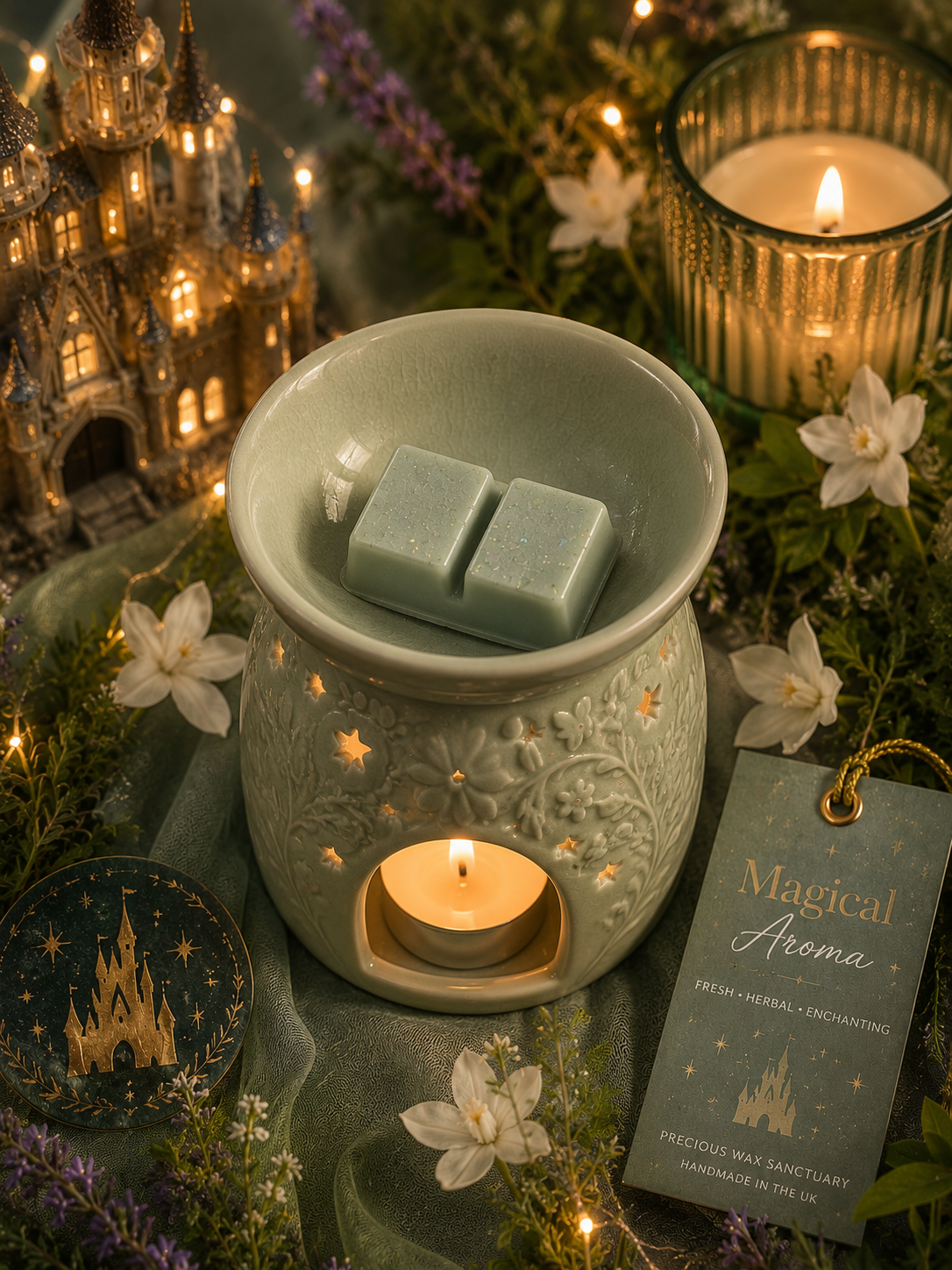 magical aroma wax melts in burner with magical candle, castle background. 