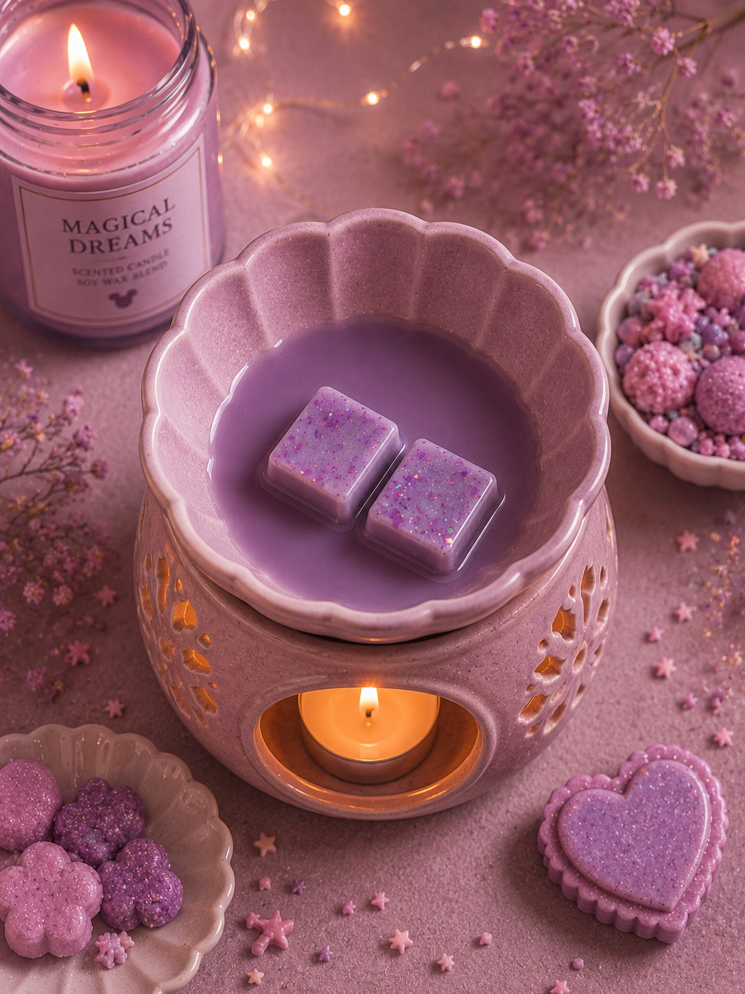 wax melts in a scalloped ceramic warmer with a lit candle inside, surrounded by matching wax melts on small plates, a lit 'Magical Dreams' scented candle, and soft fairy lights in a cozy, pastel setting.