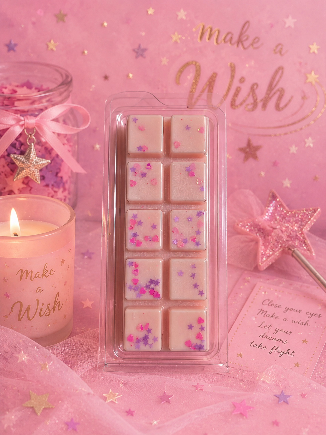 Pink wax melt package with 'Make a Wish' candle and star wand on a pink background