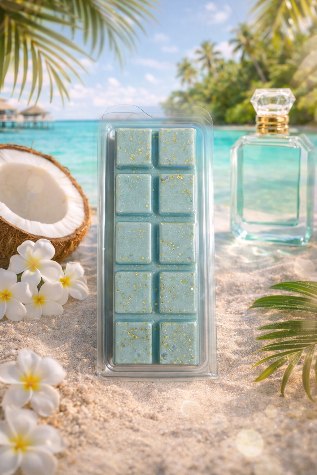 Blue perfume bottle and wax melt bar with tropical scenery