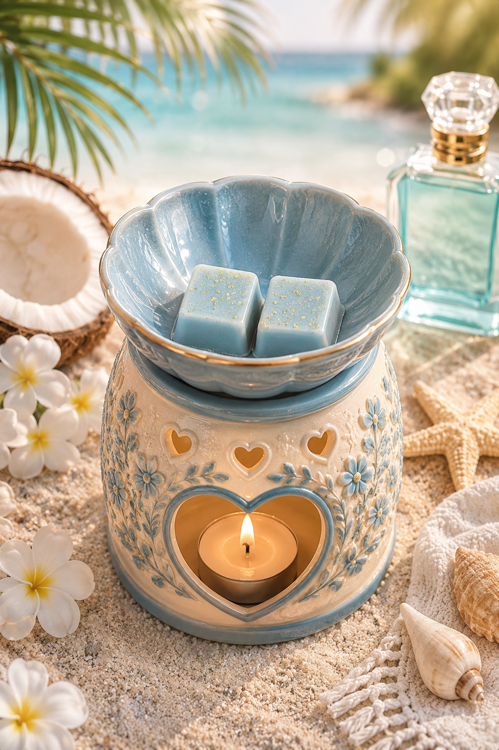 Blue wax melts in burner surrounded by beach and shells.