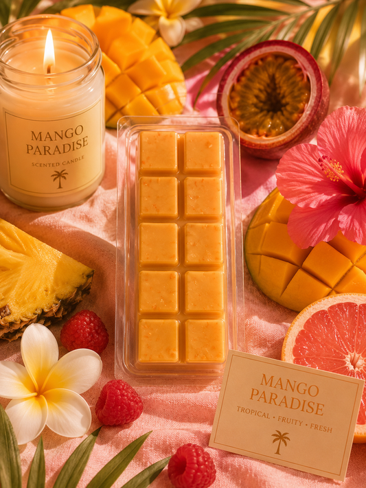 A packaged Mango Paradise scented wax melt is displayed in a styled tropical flat-lay with sliced mangoes, pineapple, hibiscus flowers, raspberries, and a lit candle jar on a pink fabric background.