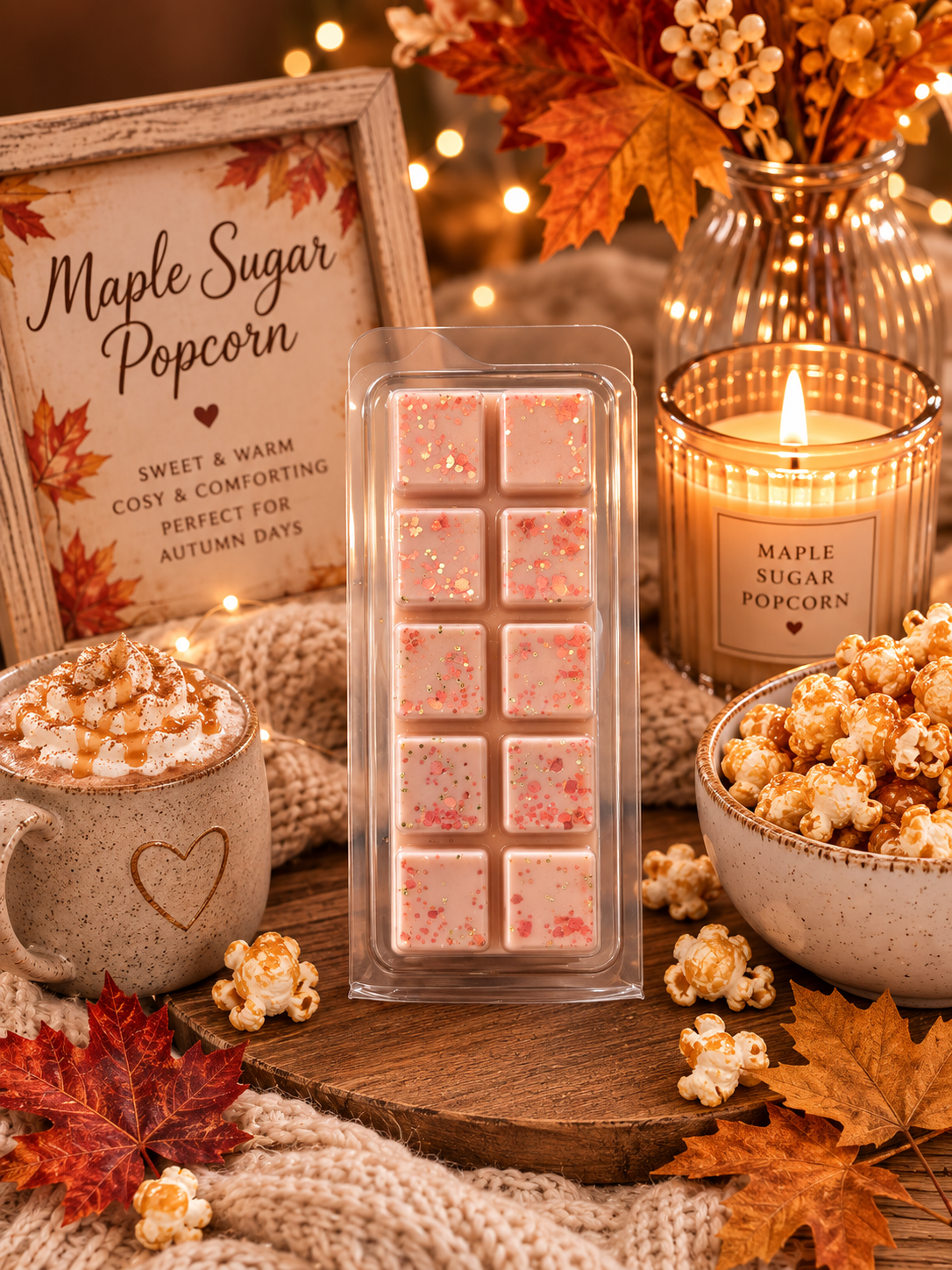 A packaged wax melt bar of maple sugar popcorn melts stands on a wooden board in a cozy autumn-themed setting with a lit candle, popcorn in bowls, a mug with whipped cream and caramel, and fall leaves. A sign reads 'Maple Sugar Popcorn' and the package label also matches.
