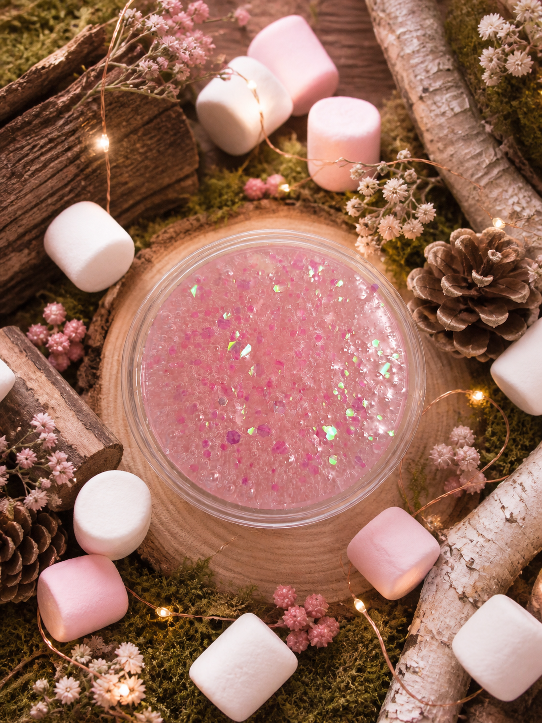 Marshmallow Woods Gel Wax Melt surrounded by fairy lights and marshmallows.