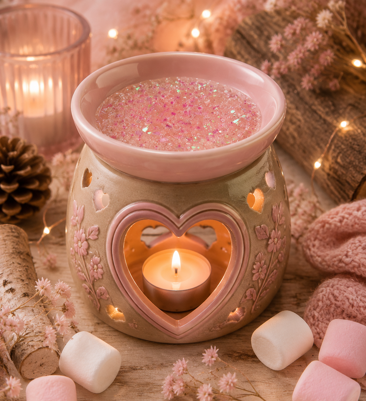 A pink and beige ceramic wax warmer with a heart-shaped cutout, lit with a tea light candle inside, surrounded by pink glitter gel wax, marshmallows, dried flowers, and warm string lights.