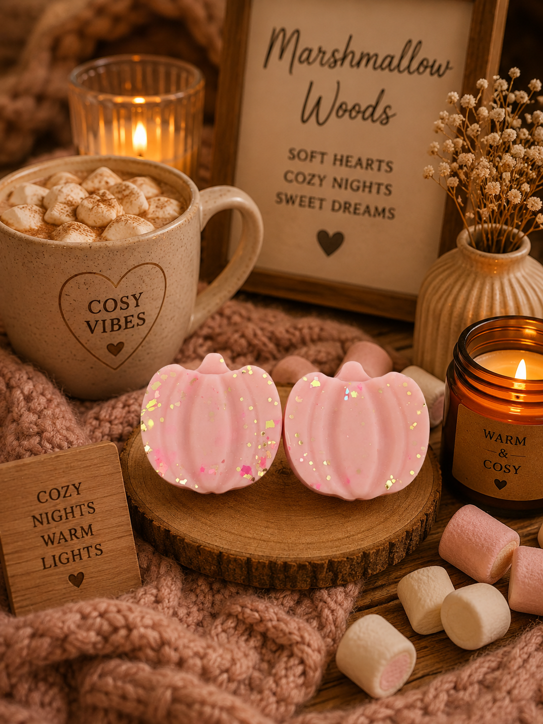 pink pumpkin wax melts in cosy autumn background with hot chocolate and marshmallows.