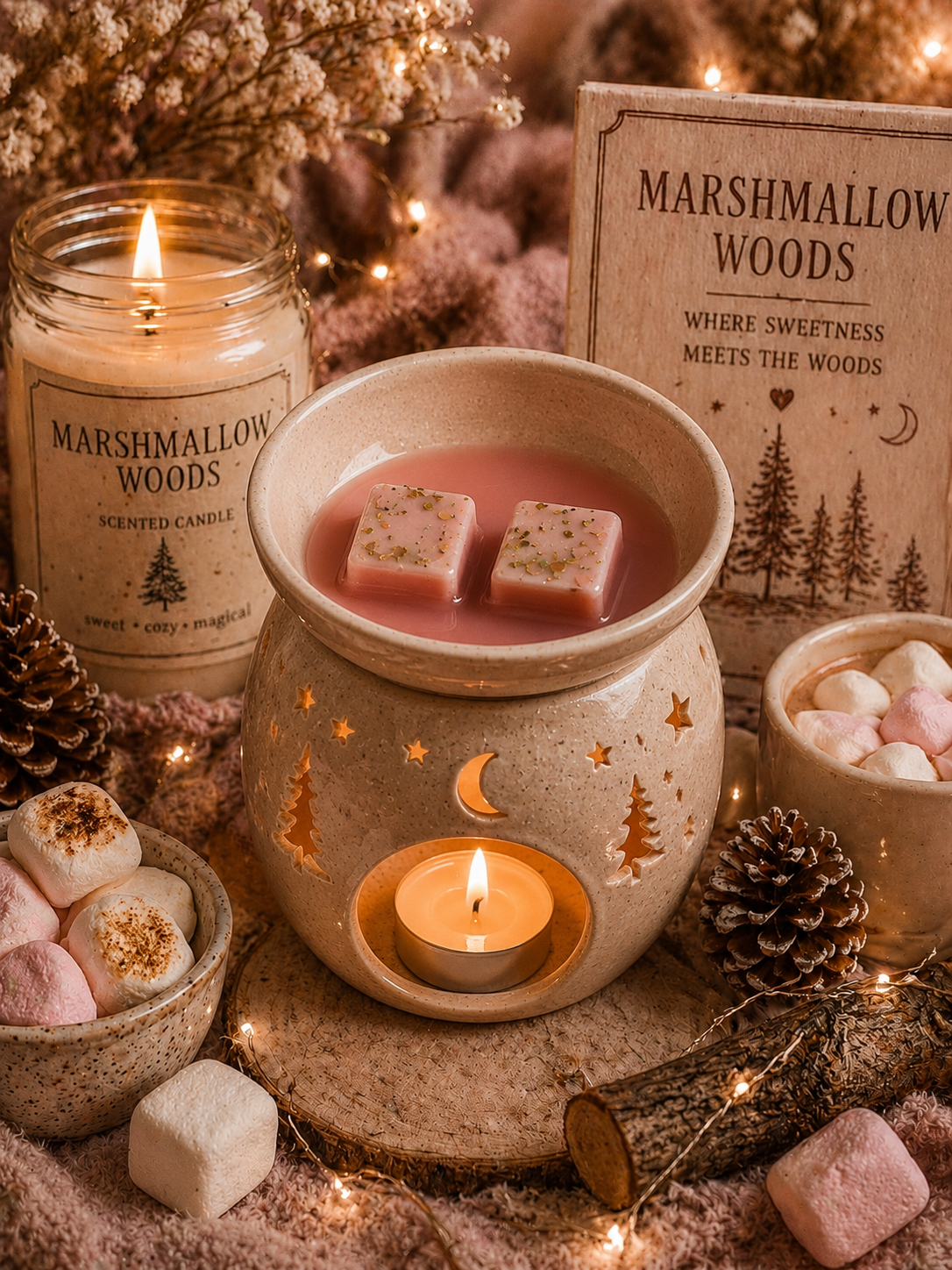 marshmallow woods wax melts in burner with cosy marshmallow woods and marshmallow theme.