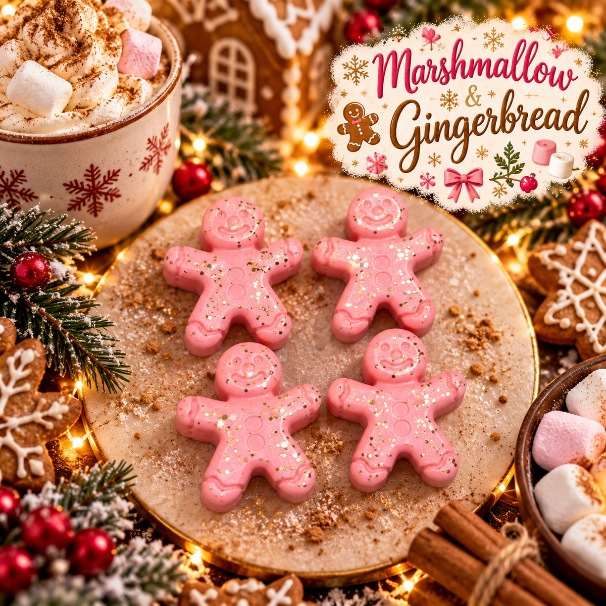 marshmallow and gingerbread scented soy wax melt shapes perfect for christmas gifts pink christmas festive background theme.