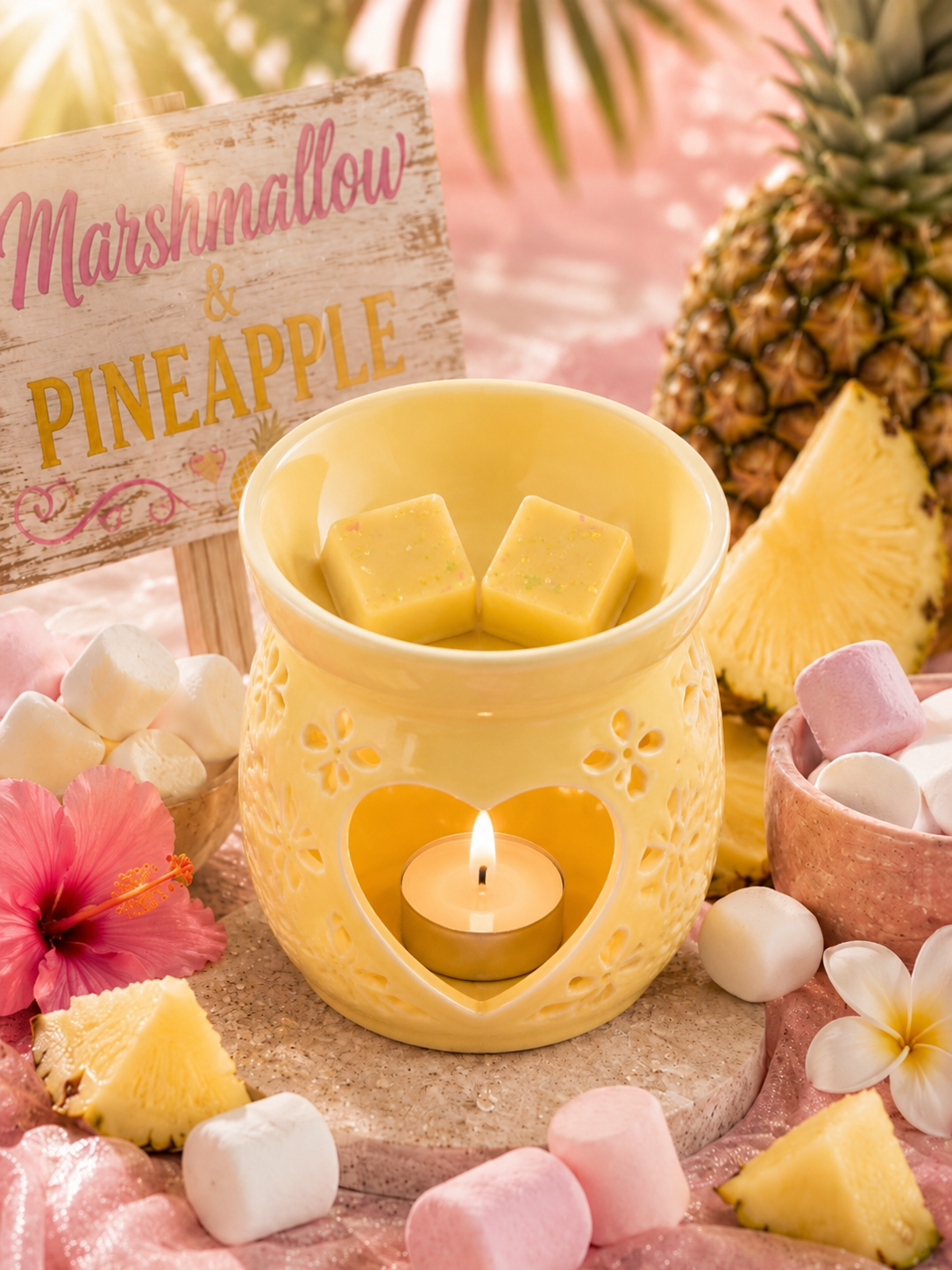Marshmallow and pineapple wax melts in burner with matching background.