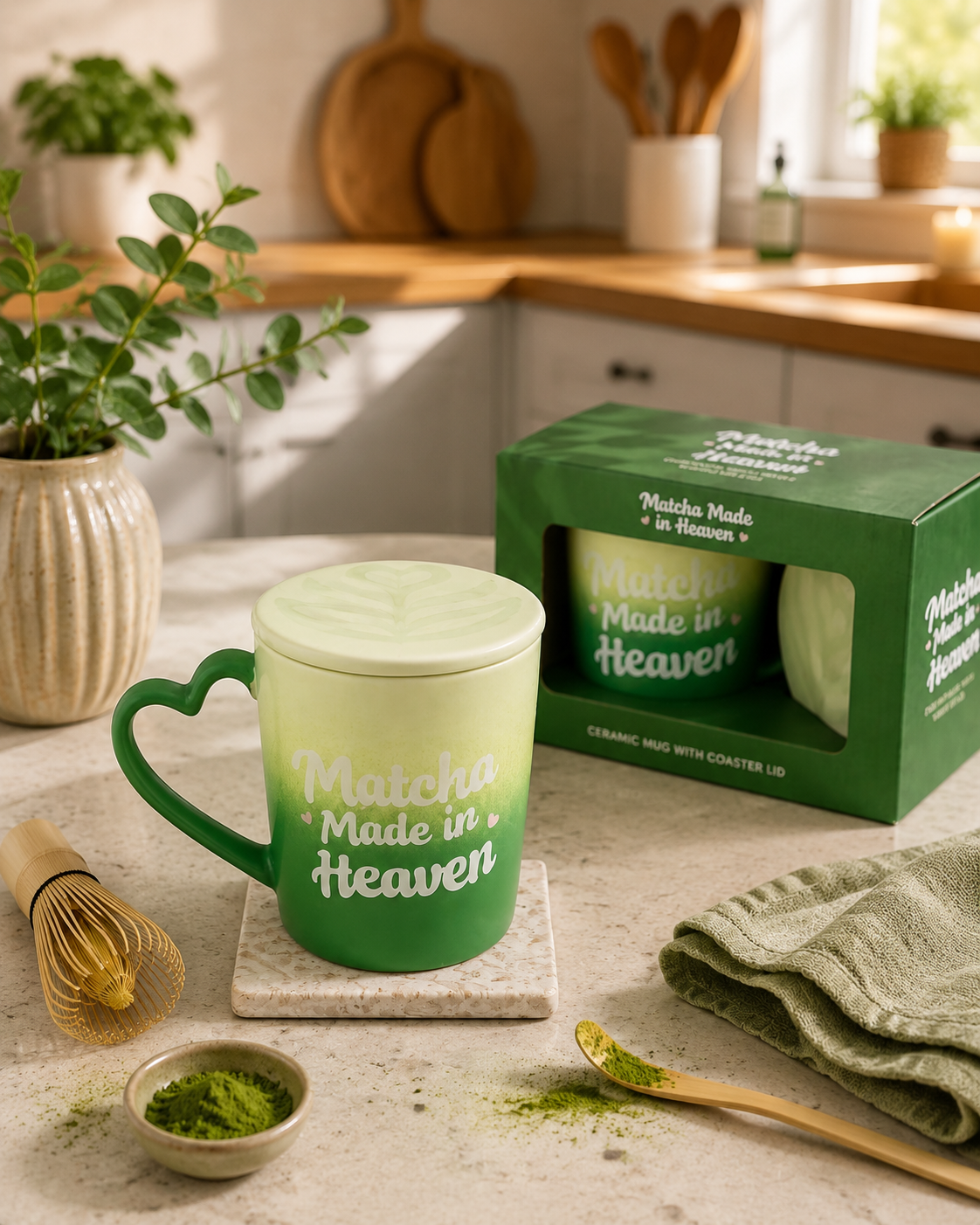 Matcha gift set in kitchen with matcha decor.