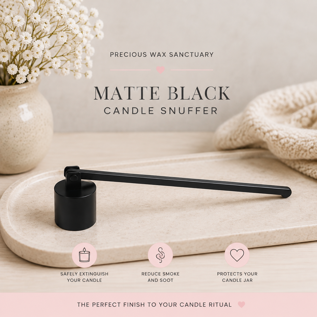 Matte black candle snuffer resting on a beige stone tray, with a candle jar partially visible beneath it. The scene includes a vase of small white flowers, a knitted textile, and overlaid text reading 'Precious Wax Sanctuary' and 'Matte Black Candle Snuffer,' plus three feature icons at the bottom.