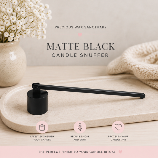 Matte black candle snuffer resting on a beige stone tray, with a candle jar partially visible beneath it. The scene includes a vase of small white flowers, a knitted textile, and overlaid text reading 'Precious Wax Sanctuary' and 'Matte Black Candle Snuffer,' plus three feature icons at the bottom.