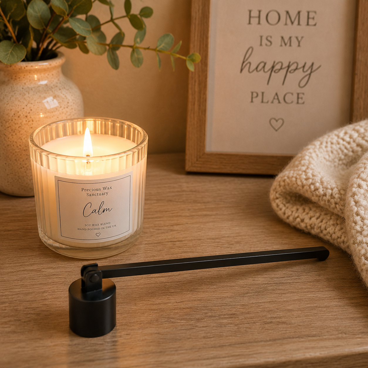 A lit candle in a ribbed glass jar sits on a wooden surface beside a black candlestick, with a framed sign reading 'HOME IS MY happy PLACE' and a knitted blanket in the background.