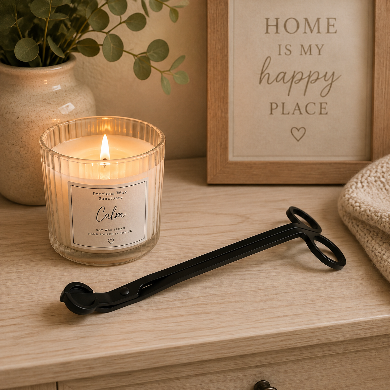A lit candle in a ribbed glass jar sits on a light wood surface, with a black metal candle snuffer in front. A framed sign reading “HOME IS MY happy PLACE” and a potted plant are blurred in the background, creating a cozy indoor setting.