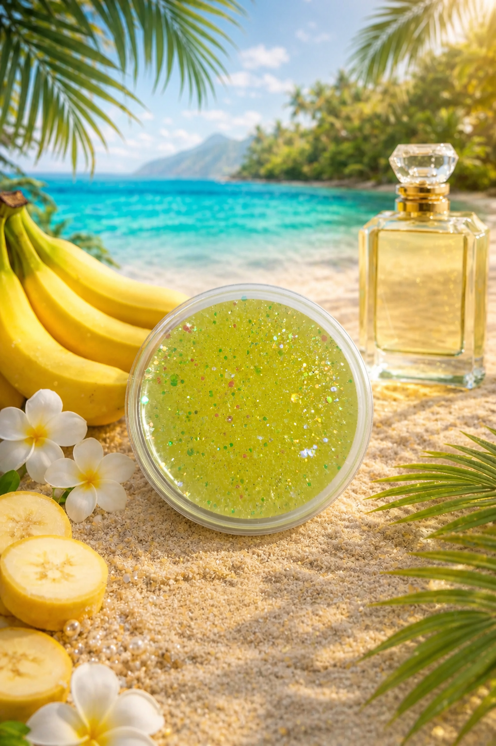 Maui sweet banana gel wax melt on beach with perfume and bananas.