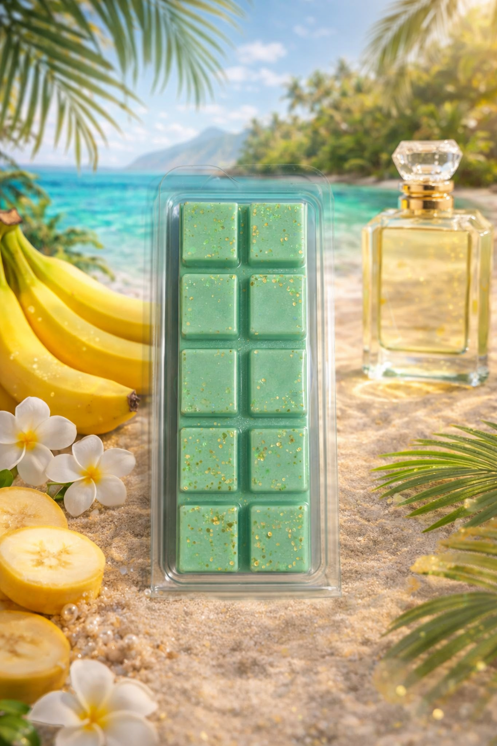 Green wax melts in a mold with a tropical beach background featuring bananas and flowers.