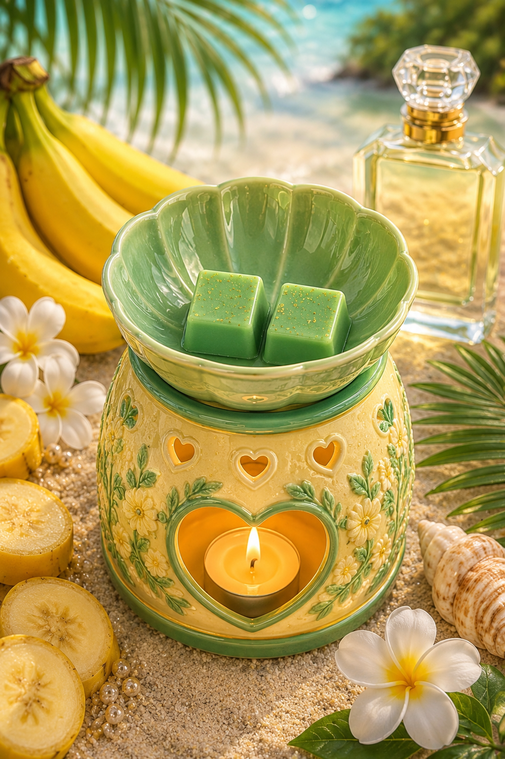 Green wax melts in burner on beach with bananas and perfume. 