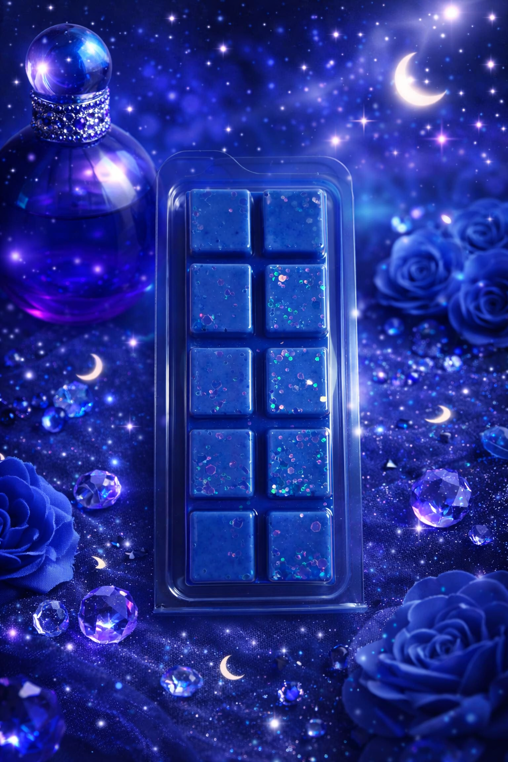 Blue wax melt with embedded squares on a mystical background with flowers and moons.