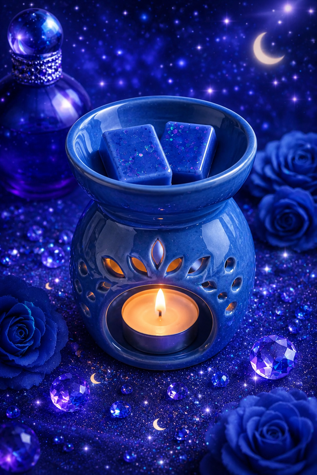 blue wax melts in burner with perfume rose theme.