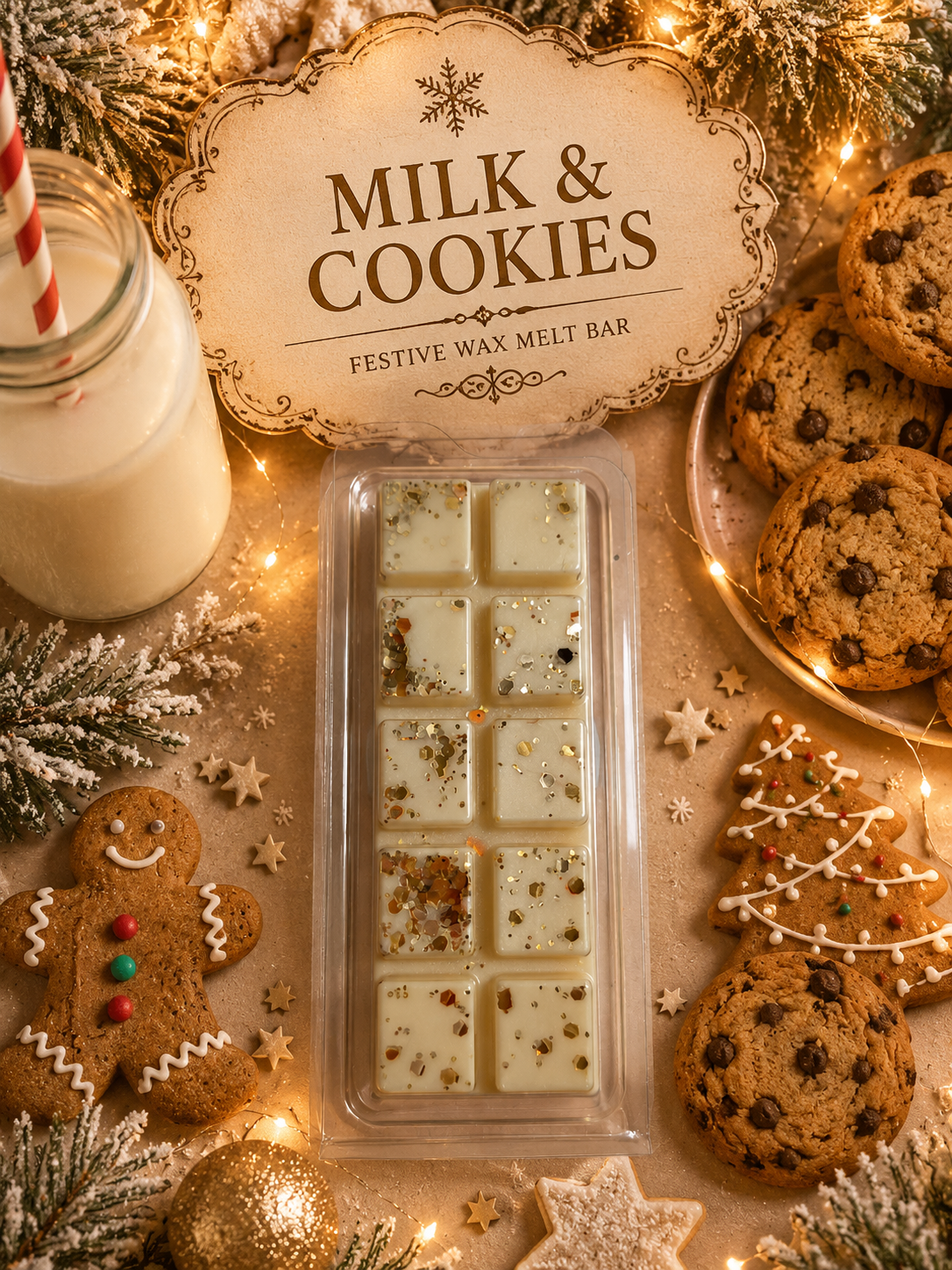 Milk and cookies with a wax melt bar labeled 'Milk & Cookies' and Christmas-themed decorations.