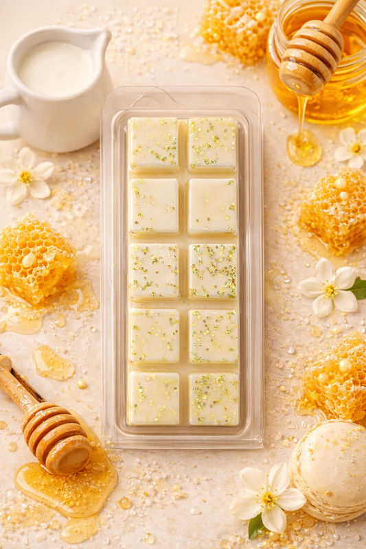 wax melt with honeycomb and honeycomb-shaped blocks on a light background with honey and flowers.