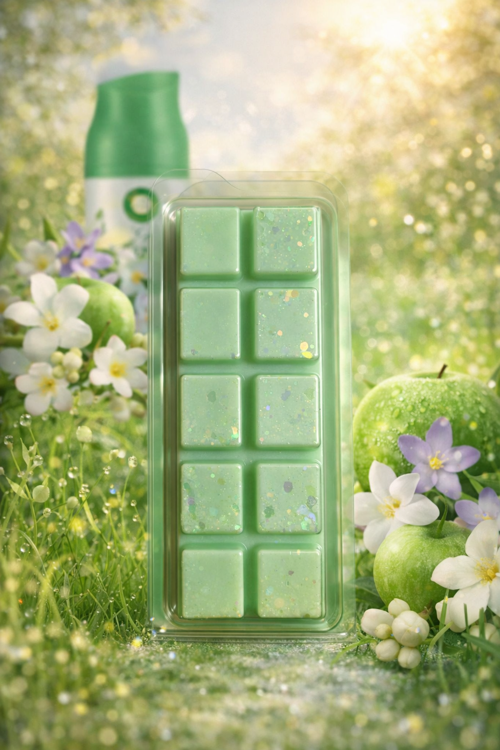 Green wax melt mold with green apples and flowers on a grassy background
