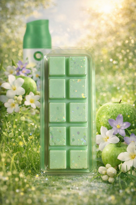 Green wax melt mold with green apples and flowers on a grassy background