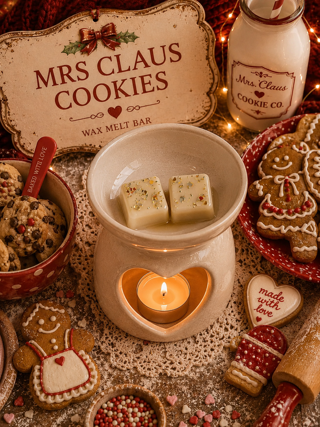 Wax melt bar in a warmer with gingerbread cookies and decorative items on a festive background