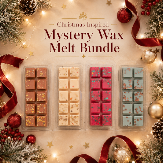 Christmas-themed wax melt bundle packaging with decorative elements.