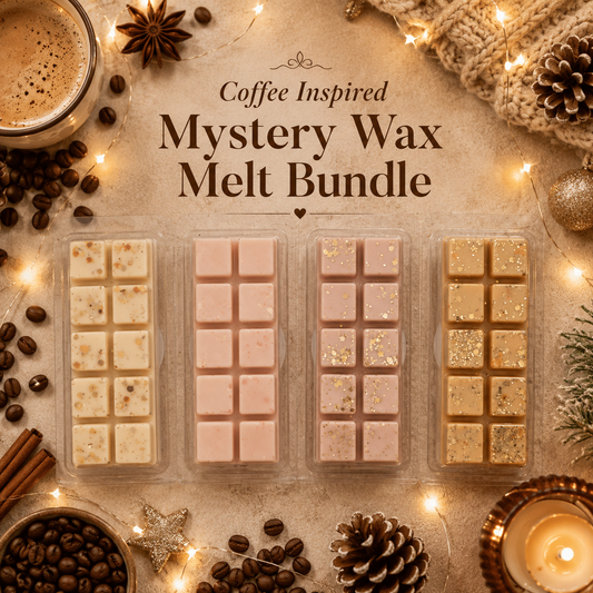 Coffee-themed mystery wax melt bundle with coffee beans, cinnamon sticks, and decorative lights on a wooden surface.