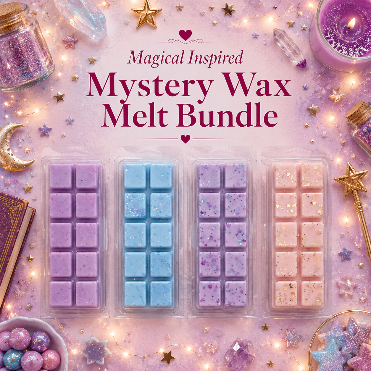 Mystery wax melt bundle with decorative elements on a pink background