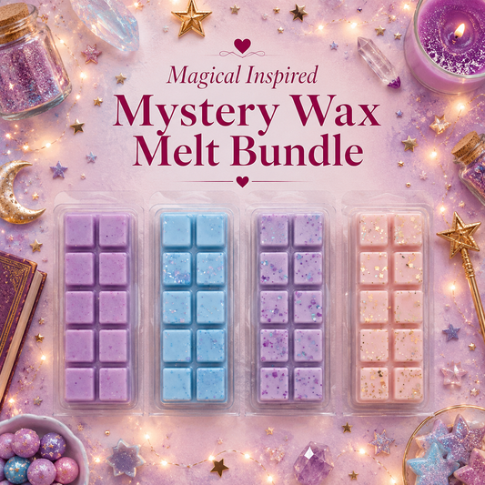 Mystery wax melt bundle with decorative elements on a pink background