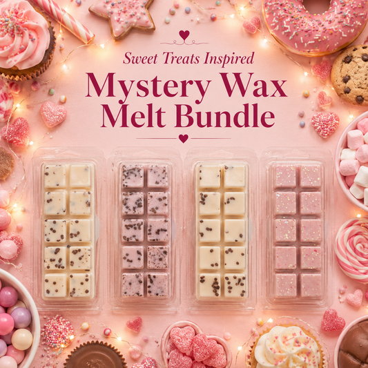 Mystery wax melt bundle with sweet treat-themed packaging on a pink background